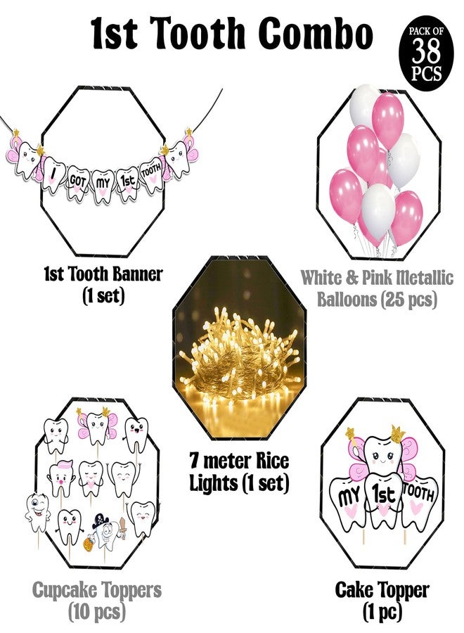 ZYOZIQUE ® I Got My First Tooth Decoration / First Tooth Decoration Items For Baby Girl - Paper Banner , Balloons, Cupcake & Cake Topper, Rice Light (Pack Of 38) - Image 2